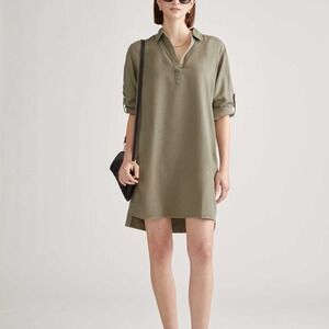 Quince Vintage Wash Tencel Roll Sleeve Tunic Dress in Olive - Medium